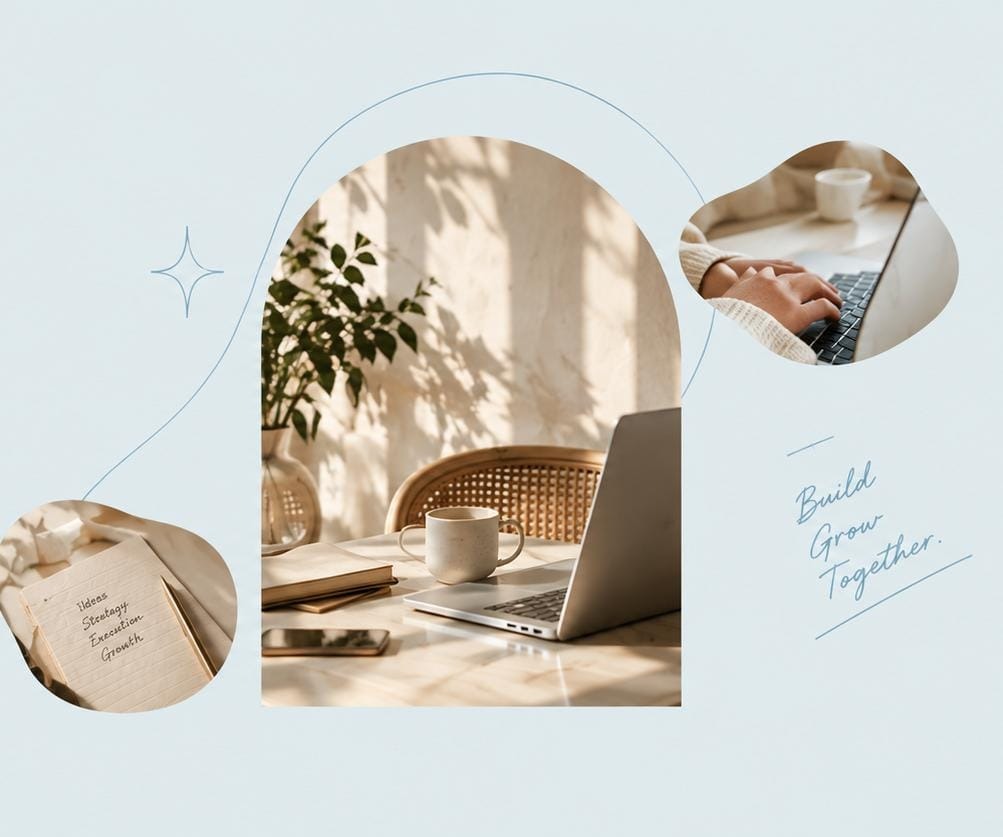 Collage of a workspace, a hand typing on a laptop, and a notebook sketching ideas, strategy, execution, and growth