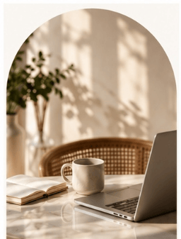 A warm, sunlit workspace with a laptop and coffee